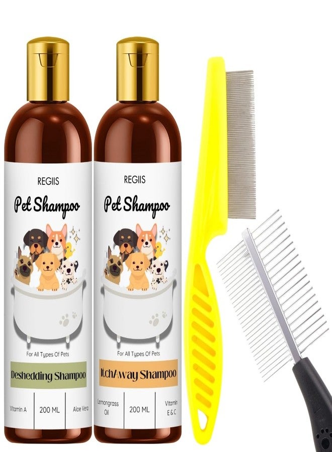 Regiis Pet Shampoo Set with Deshedding and Itch Away Formula, 200ml Each, with Double-Sided Pet Grooming Comb(Pack of 4) - Image 1